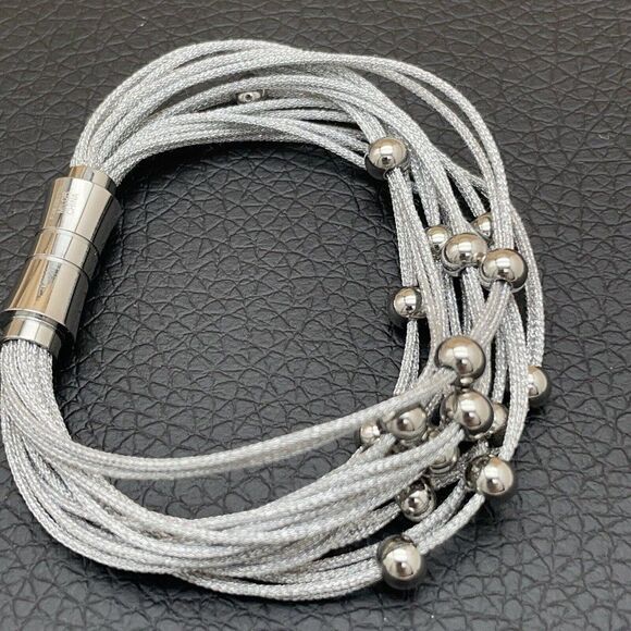 Stainless Steel Woven Bracelet Multi Strand w/ Bead Details Silver Tone 6.75" - Picture 2 of 6